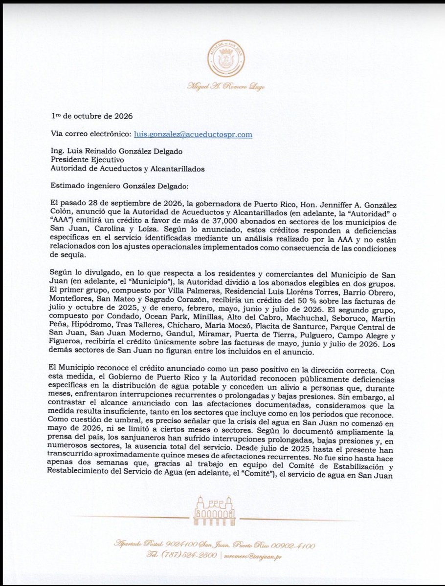 MillyMendezpr's tweet photo. San Juan exige a la AAA ampliar créditos por falta de agua y cuestiona que deje fuera comunidades afectadas.
Según Miguel Romero, el crédito anunciado por la AAA no cubre toda la crisis de agua que han sufrido los residentes, y le exige a la Autoridad que explique sus criterios. https://t.co/7wy5v5in4i