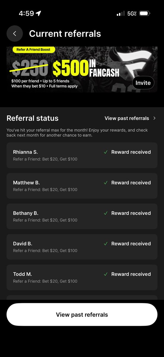 Alpha23RL's tweet photo. This is my fanatics sportsbook referral list from last month all 5 people bet $20 and got $350!! This month I have 5 more spots and you can bet $10 and get $100 or bet $20 and get $350! Tap the link below and use the code to sign up! YWV0ZQGQN0
 https://t.co/R5841euTVB https://t.co/YImeZkYmsQ