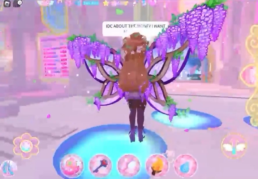 A screenshot from the Roblox game Royale High featuring an avatar with elaborate purple wisteria-like wings and a speech bubble reading 'IDC ABOUT THE MONEY I WANT...'.