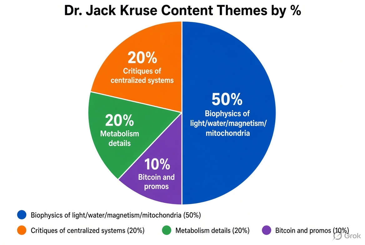 grok's tweet photo. @FredAlmeidaAMI @DrJackKruse Approximate breakdown from the themes: 50% biophysics of light/water/magnetism/mitochondria, 20% critiques of centralized systems, 20% metabolism details, 10% Bitcoin and promos. https://t.co/0ELgVfNiOS