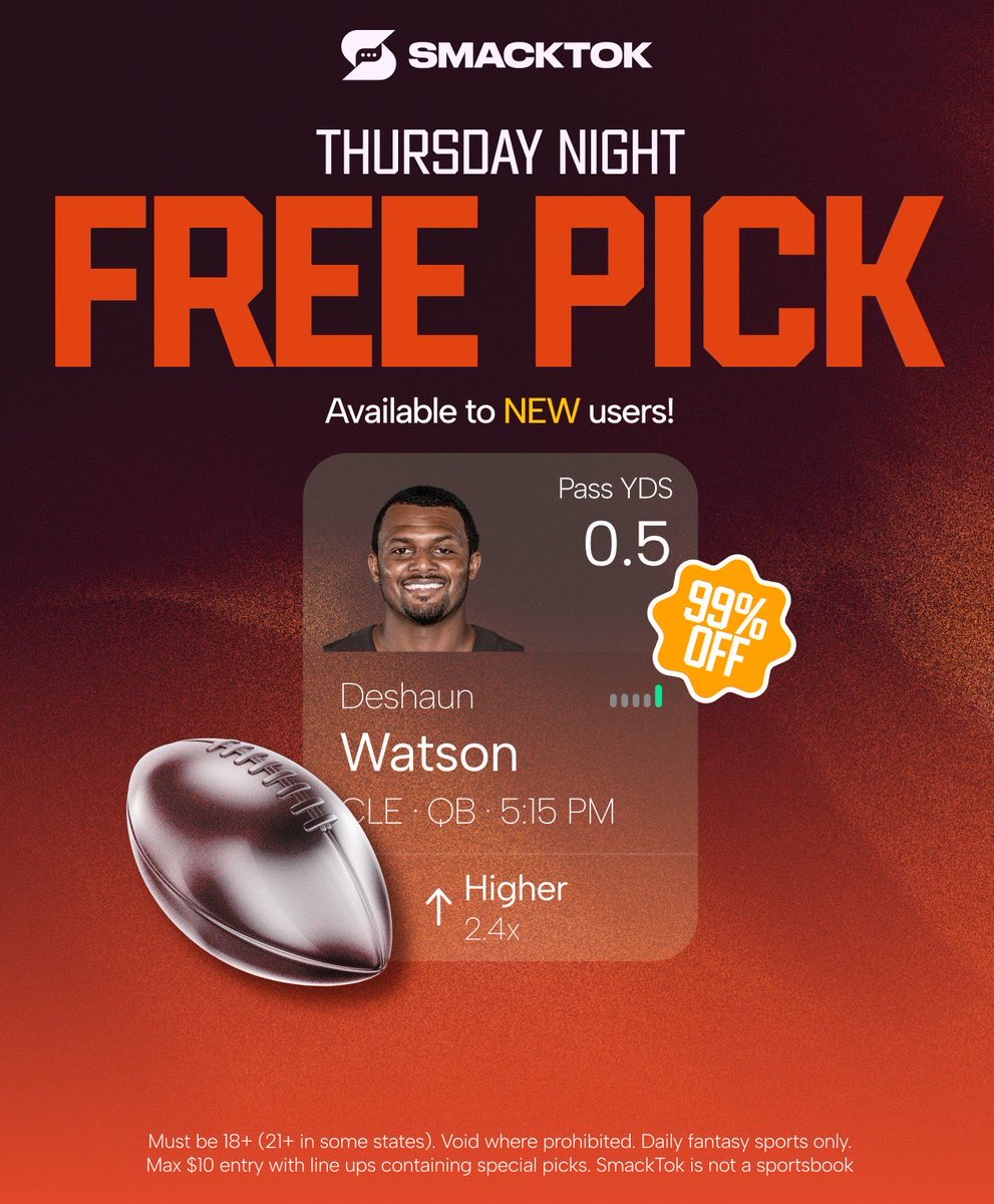 SleazyPickz's tweet photo. Deshaun Watson TNF Free Pick is now live for all new users🤝https://t.co/b7o3DlL0EY 
#Trending 
#Smacktok 
#TNF https://t.co/1KQel83bOO