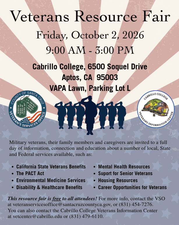 centralfiresc's tweet photo. Attention military veterans and their families - join us this Friday, Oct. 2nd at the Veterans Resource Fair at Cabrillo College! See flyer for details. https://t.co/vjoeh4WaIh
