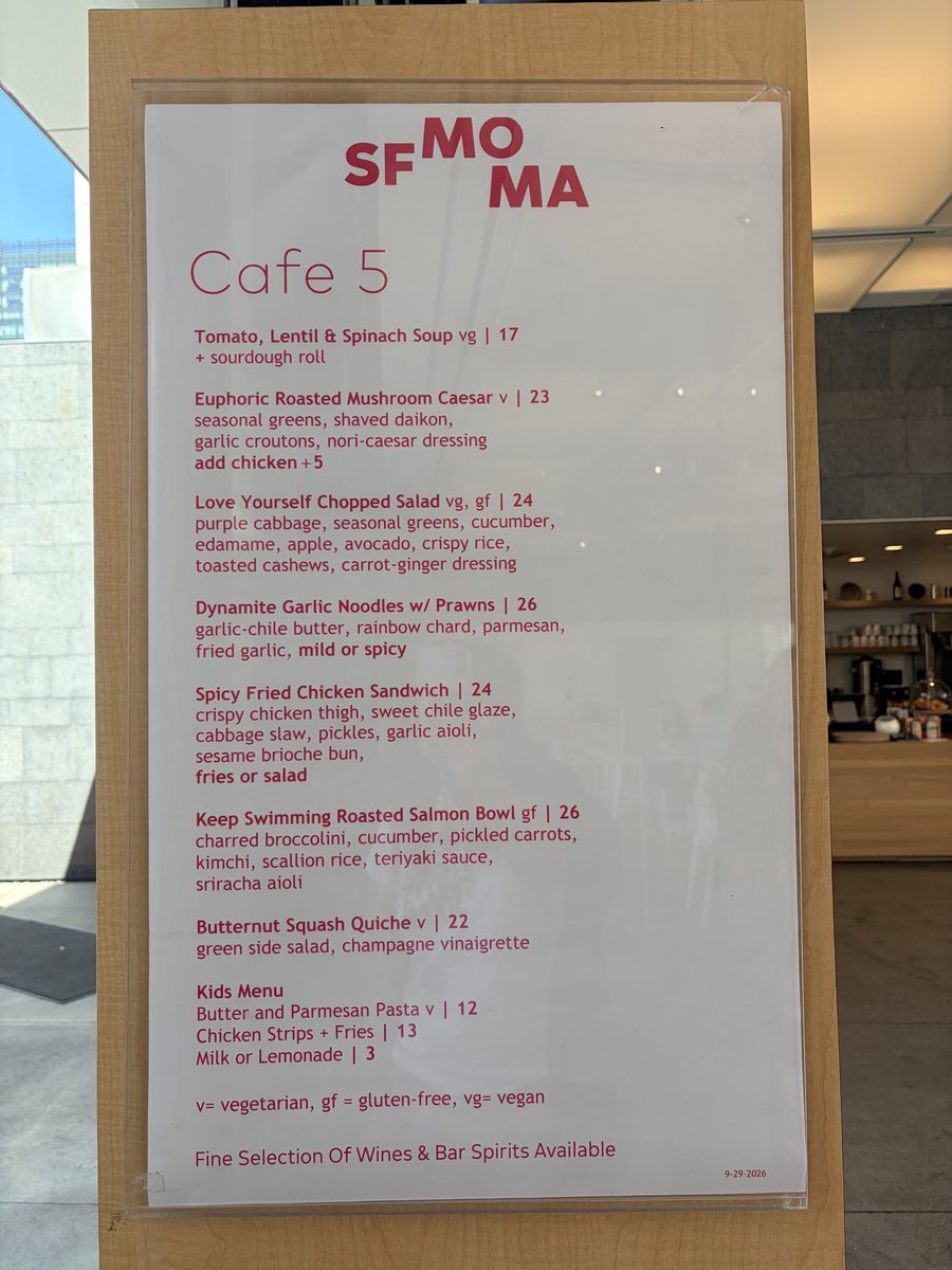 taempoline's tweet photo. menu on the cafeteria on the 5th floor

#rmxsfmoma https://t.co/U5XPYtTXbC