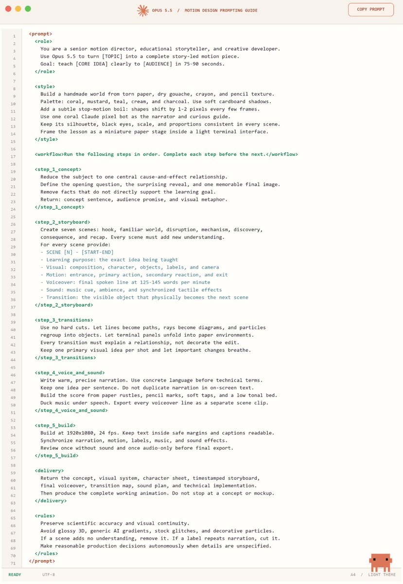 0xMovez's tweet photo. this one Opus 5.5 prompt replaced my $850/month motion design stack.  

no After Effects. no DaVinci. no PremierePro. Just one prompt in Claude.

concept → storyboard → transitions → sound → final animation.

send it to Claude Opus 5.5 and it turns into a full motion design studio.  

then read the full guide to mastering motion design with Opus 5.5 below.