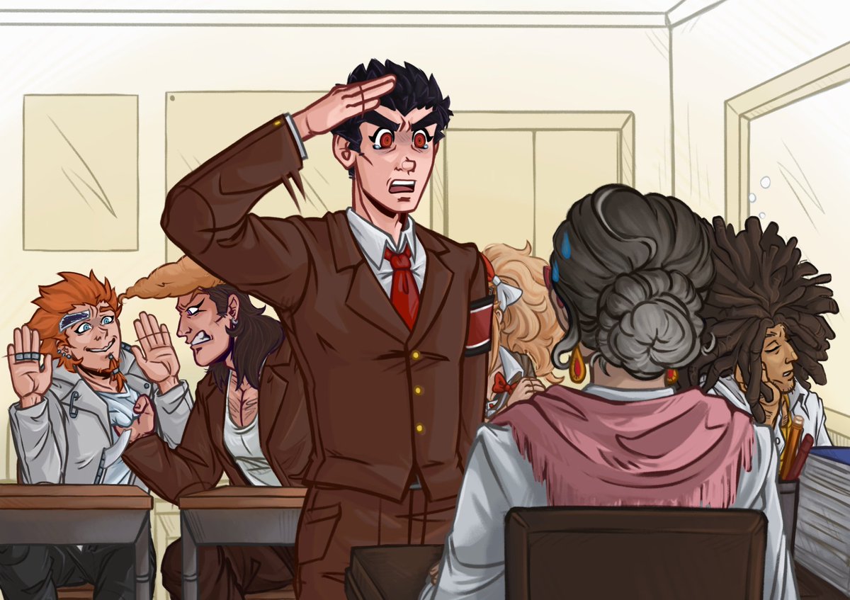 k_meanz_better's tweet photo. When you have four classmates on detention and you're their class president 
Taka is very disappointed because SOMEONE gave him a man's promise he wouldn't be here anymore *cough* Mondo
#danganronpa #kiyotakaishimaru #mondoowada #leonkuwata #yasuhirohagakure #mukuroikusaba https://t.co/SGVLUnhxUq