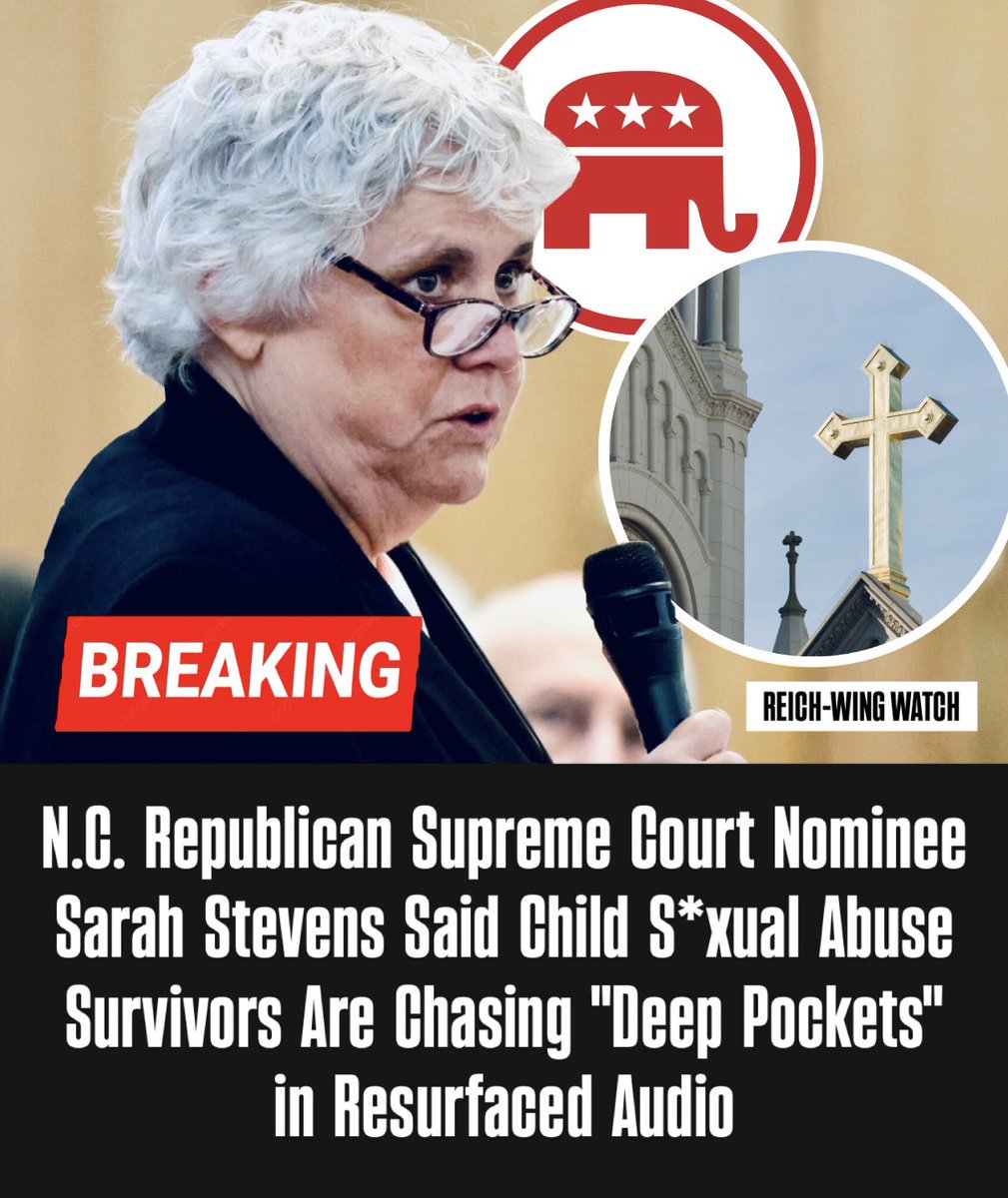 ReichWingWatch's tweet photo. 🚨BREAKING: Sarah Stevens wants a seat on North Carolina's Supreme Court, and audio from 2019 shows she is was more concerned about the finances of churches than child s*xual abuse survivors. 

Debating a bill to extend the time limit for survivors to sue, Stevens said, "They are looking for those deep pockets." After listing settlements paid by school boards, a hospital, the Boy Scouts and Catholic organizations, she said those groups filed for bankruptcy "because it was all about money."

Stevens seemed far more worried about institutions than children. She said, "Apparently something happened on our watch, and we didn't know about it, we were held responsible," and she complained, "That's going to cause the insurance premiums to go up."

Her opponent is Democratic incumbent Anita Earls, a longtime civil rights lawyer.