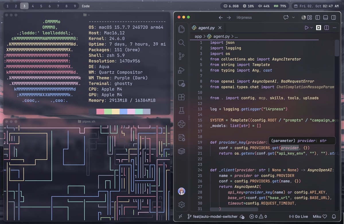 losthr3ad's tweet photo. Revamped my rice!
OS: MacOS Sequioa
Window Manager: Aerospace
Menubar: Sketchybar
Border: JankyBorders
Terminal: Ghostty

Dotfiles: https://t.co/Zayk5vHVIU https://t.co/L7pRUpMNTq