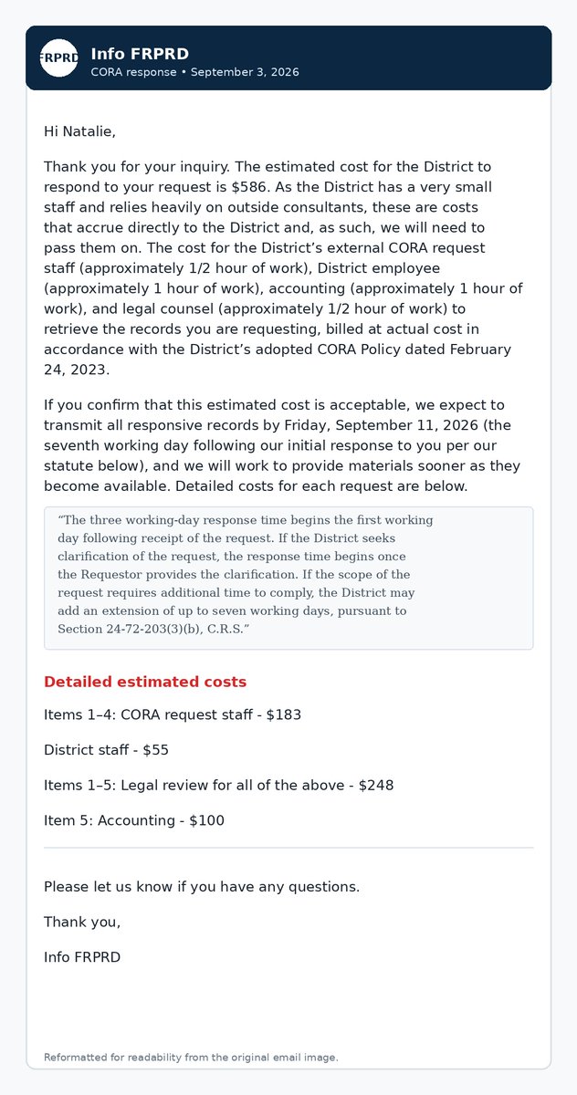 ColoEngaged's tweet photo. In August, I asked Front Range Passenger Rail District for the receipts using public funds to campaign. They told me CORA cost $586, I didn't pay it. 

Grateful that Andy Kenney (Denverite) covered the story about the abuse of a campaign finance loophole.
https://t.co/A7CH2vNiHu https://t.co/E3ShdAErpM