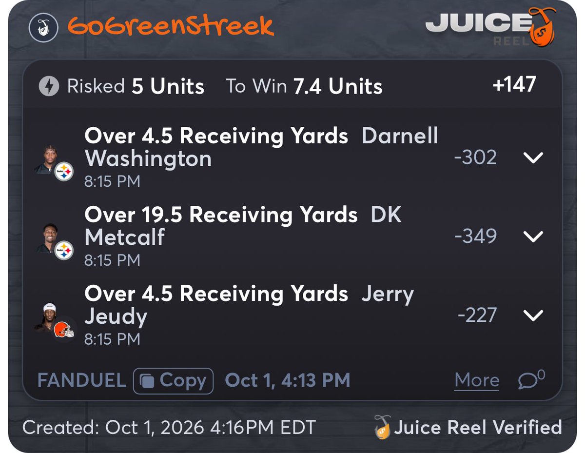 GoGreenStreak's tweet photo. Let's have some #NFL #TNF fun! 

@ParlayBuilderAI really gave us a freebie tonight! -102 on FanDuel + 50% boost = 🤑🤑 https://t.co/jHpG1z5pzz