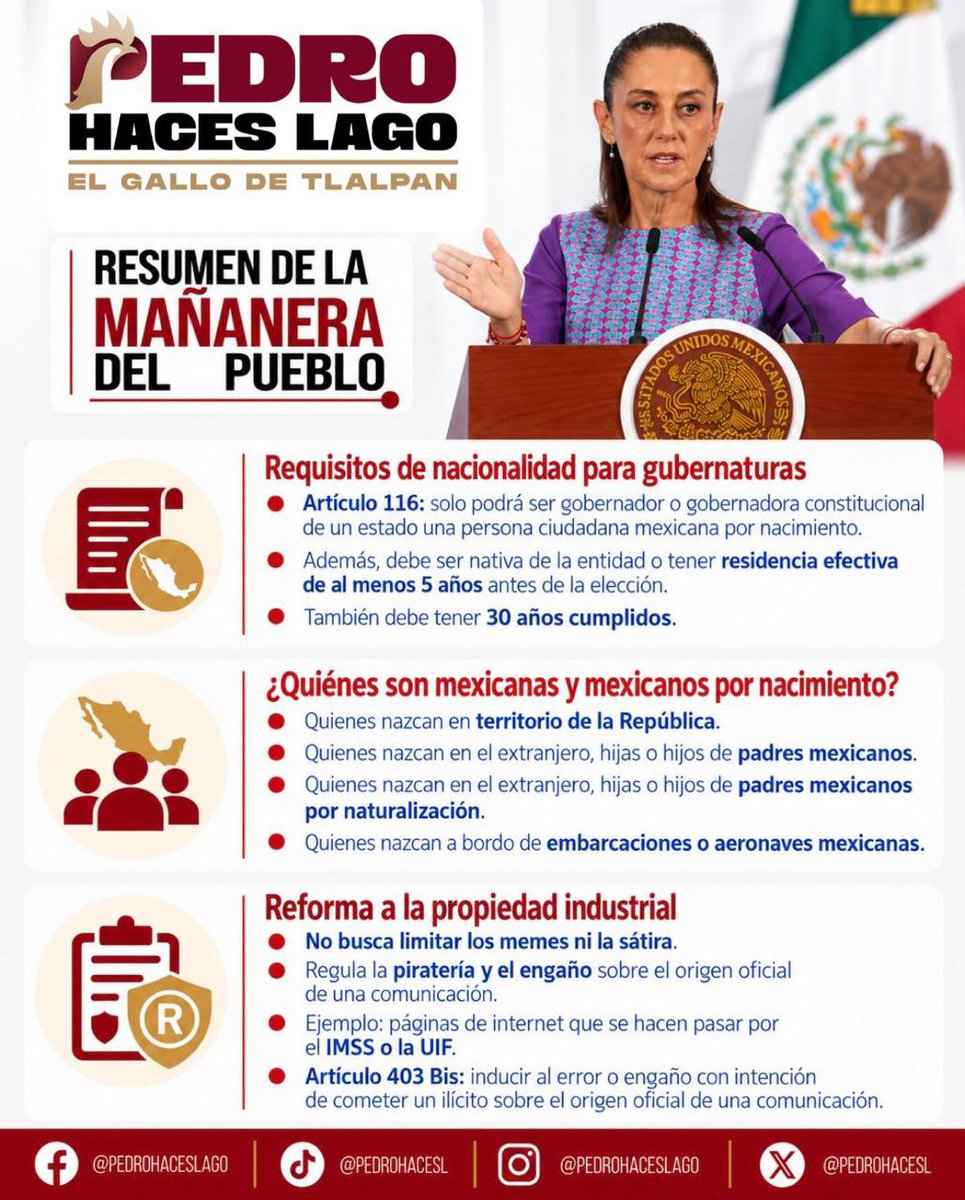 PedroHacesL's tweet photo. QUIEN GOBIERNE MÉXICO DEBE TENER UNA SOLA NACIONALIDAD. 🇲🇽

La regla es clara: para ser presidente, gobernador o jefe de Gobierno, se debe tener únicamente nacionalidad mexicana.

México es un país libre, soberano e independiente. Por eso, quienes ocupen los cargos más altos deben responder y rendir cuentas solamente al pueblo de México, con lealtad a nuestra Constitución y sin injerencias extranjeras.

Consulta el resumen completo aquí. 👇

#TúHacesTlalpan #PedroHacesLago