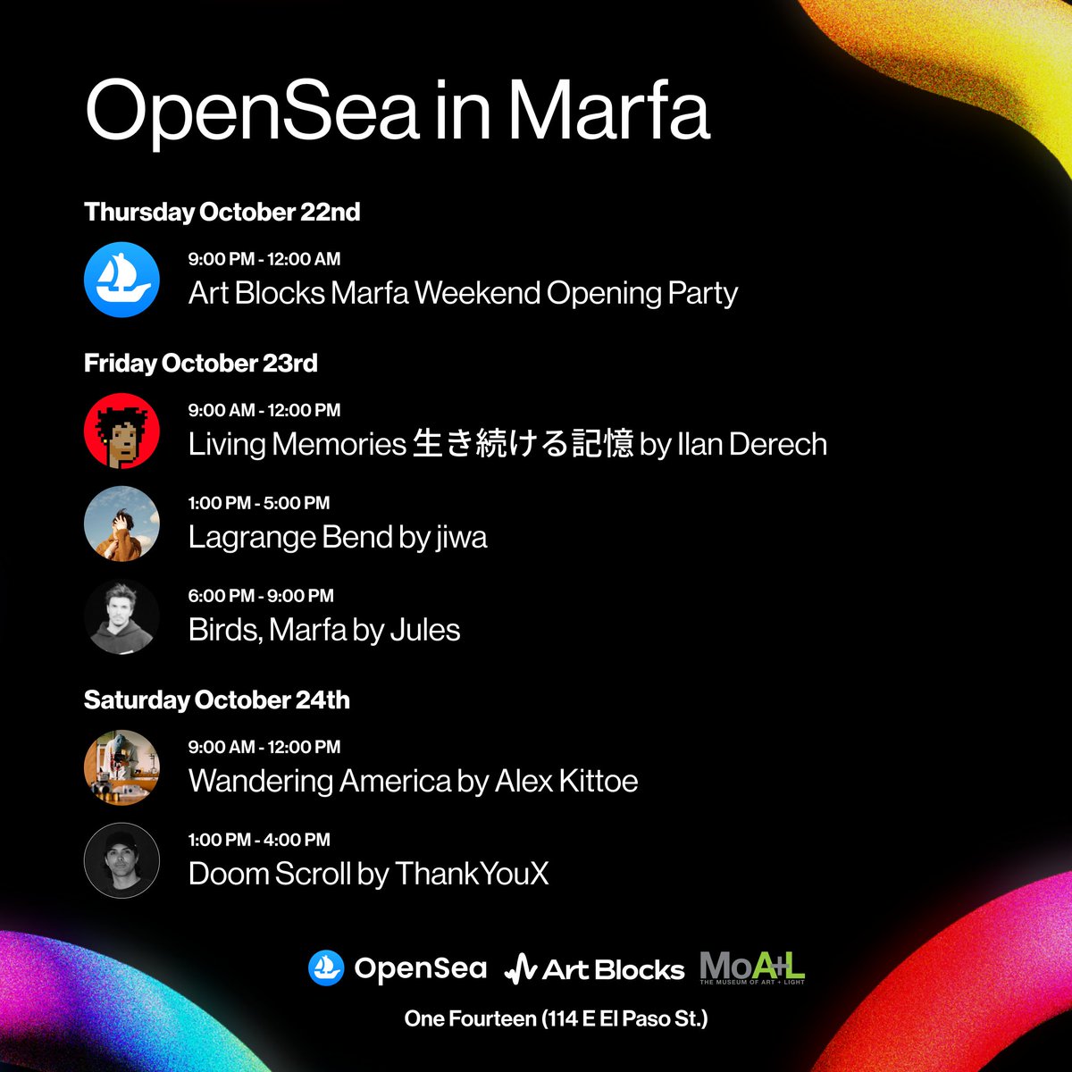 opensea's tweet photo. OpenSea is heading to Marfa! 🌵

Join us Oct 22–24 for @artblocks_io Marfa Weekend with three days of exhibitions, installations, artists, and more.

Here’s where we’ll be: https://t.co/CMUyufH90h