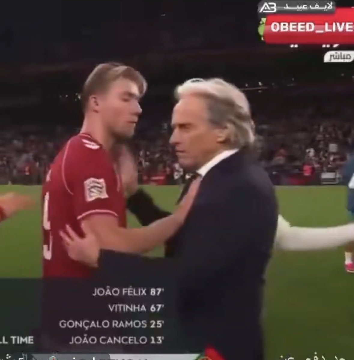 centreGoalHQ's tweet photo. 🚨🎙️Reporter: Rasmus, everyone is talking about the moment you pushed Jorge Jesus after the final whistle. What actually happened?

🗣️Højlund: I was going to shake his hand. Then I remembered what he did to Cristiano.

🎙️Reporter: You mean Ronaldo?

🗣️Højlund: Of course I mean Ronaldo. That man is my idol. I grew up watching him, learning from him, celebrating like him. And you expect me to smile and shake hands with someone who disrespected him?

🎙️Reporter: But he is the Portugal coach. Isn’t that just football?

🗣️Højlund: No. Football is competition. What happened with Cristiano was disrespect. You don’t treat a player like him that way and then expect everyone to pretend nothing happened.

🎙️Reporter: So you don’t regret pushing him?

🗣️Højlund: Regret? I regret that I even tried to greet him in the first place. I should have just walked past him.

🎙️Reporter: Are you saying you did it because of Cristiano?

🗣️Højlund: 100 percent. I don’t care what people say tomorrow. Cristiano Ronaldo gave inspiration to an entire generation. If someone disrespects my idol, I’m not going to stand there smiling for a handshake just because cameras are watching.

🎙️Reporter: Would you do it again?

🗣️Højlund: I’d show respect to anyone who deserves it. But respect has to go both ways.

🎙️Reporter: One final message for Jorge Jesus?

🗣️Højlund: You can coach Portugal. You can make your decisions. But don’t expect everyone to forget how you treated Cristiano Ronaldo.