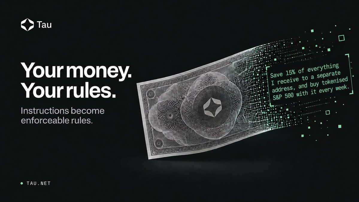 Tau_net's tweet photo. Hi, Super Intelligence.
Tau is building the wallet and financial system that follows your rules.

Agents will have their own accounts with programmable money. People can set what to buy, lend, who to pay, and how much to spend.

Instructions become enforceable on-chain rules. https://t.co/ch7x2KfzAu