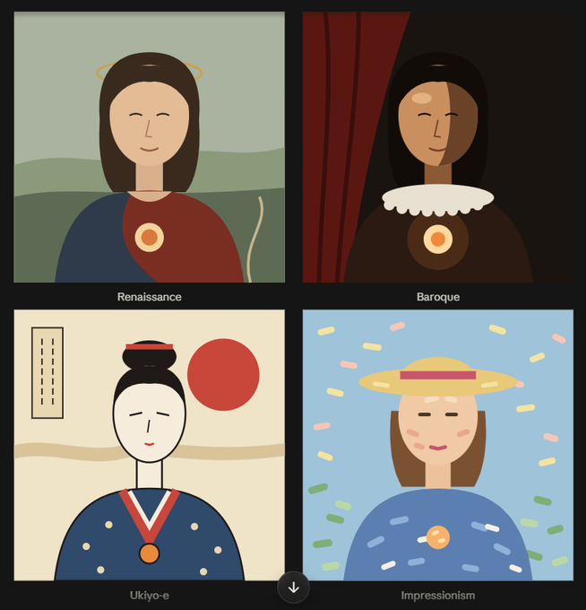 A 2x2 grid of minimalist art style portraits labeled Renaissance, Baroque, Ukiyo-e, and Impressionism.