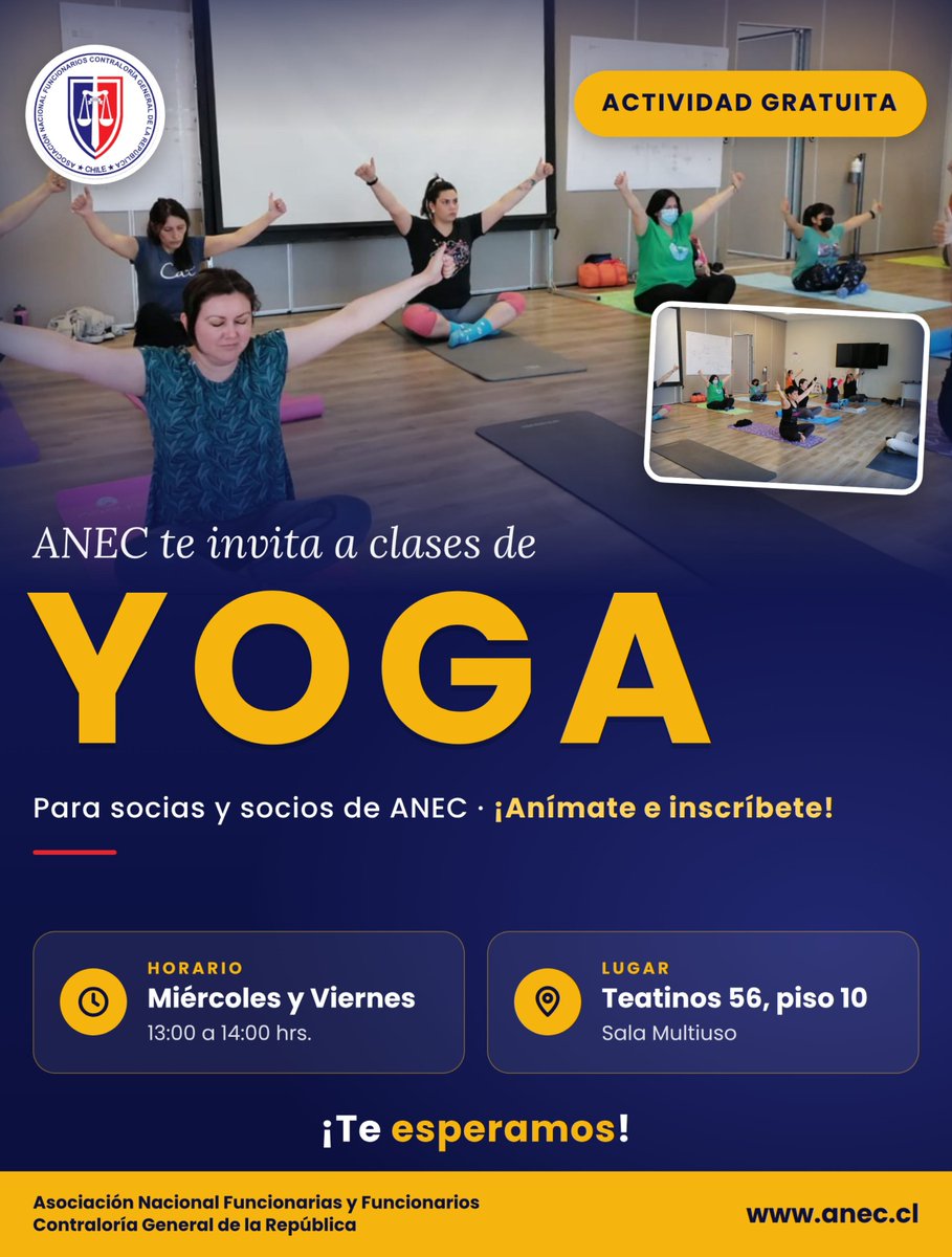ANEC_Chile's tweet photo. 🧘‍♀️ ¡ANEC te invita a clases de Yoga! 🧘‍♂️

📅 Miércoles y viernes
🕐 13:00 a 14:00 hrs.
📍 Teatinos 56, piso 10, Sala Multiuso

¡Anímate e inscríbete en secretaria@anec.cl

Te esperamos 💛

#ANEC #Yoga #BienestarLaboral #CalidadDeVida #SociasYSocios #ActividadGratuita https://t.co/aAGOOYYE08