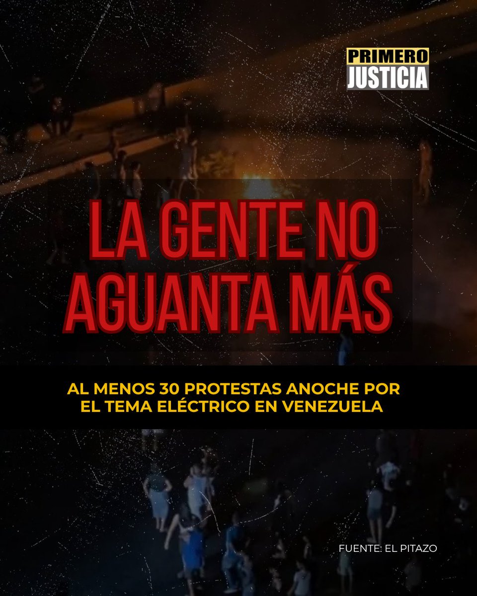 Pr1meroJusticia's tweet photo. Estamos cansados de vivir a oscuras.

Por sexto día consecutivo, Venezuela ha hablado fuerte y claro saliendo a las calles para exigir respuestas ante los cortes de luz.

Ningún venezolano debería pasar 12 horas sin electricidad ni ser objeto de represión por reclamar servicios públicos.

Exigimos el cese de cualquier represión contra quienes protestan pac��ficamente y hacemos responsable a las fuerzas de seguridad del Estado de cualquier desencuentro que se presente. 

Sigamos presionando para tener respuestas ante la crisis eléctrica y soluciones perdurables que garanticen un servicio estable en todo el país.

Protestar pacíficamente es un derecho. 

¡El país exige respuestas!