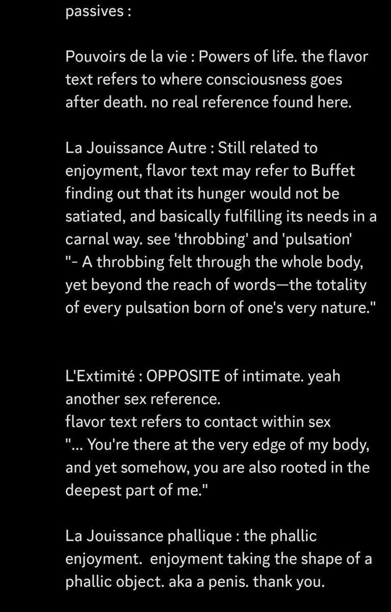 Callisto2937281's tweet photo. I have translated and explored a bit into Buffet's skills and passives. 

Canto 10 Part 3 Spoilers, obviously. 

Some I couldn’t explain I simply translated or gave thoughts about it.

Thank you.

TW : LOTS. of sexual references. https://t.co/kXymhZKfny
