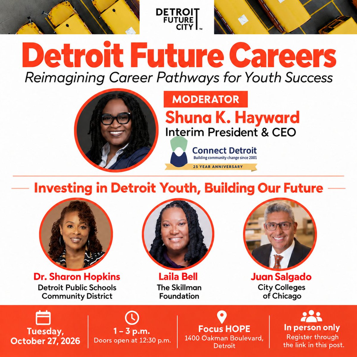 ConnectDet's tweet photo. SAVE THE DATE! 🚨 Join our Interim President &amp; CEO Shuna K. Hayward as she moderates a panel on expanding career pathways for Detroit youth at @DetFutureCity’s Detroit Future Careers.

Oct. 27 | 1–3 p.m. | Focus HOPE

Register: https://t.co/k1VzbsCvF2

#Youth #DFC #ConnectDetroit https://t.co/g9h0iuSd4o
