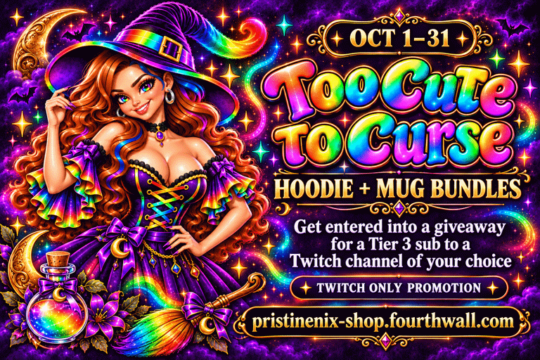 pristinenix's tweet photo. 🌈 Too Cute to Curse, too cozy to resist! 🧙‍♀️✨

Oct 1–31: Grab a hoodie + mug bundle and get entered into a giveaway for a Tier 3 sub to a Twitch channel of your choice! 💜

Twitch-only promotion
🛍️ https://t.co/z4uQRNuG9V

#twitch #fourthwall #giveway https://t.co/Mp6qydPddd