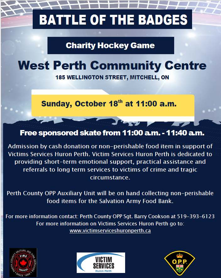 OPP_WR's tweet photo. #PerthOPP is looking forward to continue the spirited rivalry with the Perth County Mutual Aid Fire Services for the seventh year in a row in Battle of the Badges! Proceeds from this event go directly to support the Huron-Perth Victim Services with Project Lifesaver.

Stop by to show your support! ^ep

#PerthOPP se réjouit de poursuivre sa rivalité animée avec les services d’incendie d’entraide du comté de Perth pour la septième année consécutive! Les recettes de cet événement serviront directement à soutenir les Services d’aide aux victimes de Huron-Perth dans le cadre du projet Lifesaver.

Venez nous rendre visite pour nous témoigner votre soutien! ^ep
