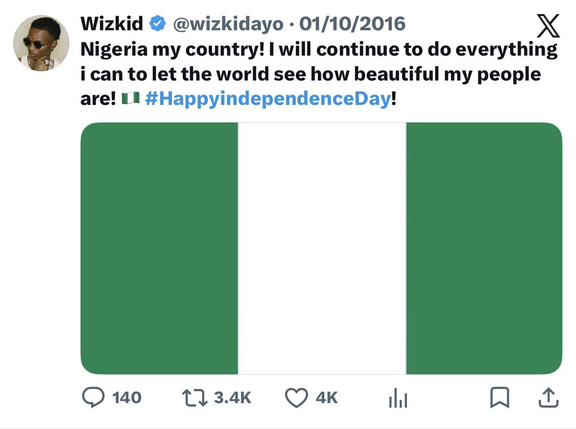 chloeB902's tweet photo. Back in 2016 and 2017 Wizkid was celebrating the independence of Nigeria 🇳🇬 ❤️🦅 big wiz for life https://t.co/qJsG7wC3zm