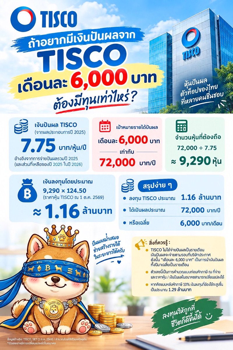 prayutnahee55's tweet photo. ถ้าอยากมีเงินปันผลจาก TISCO เดือนละ 6,000 บาท ต้องมีเงินลงทุนเท่าไหร่?

สมมติ TISCO จ่ายปันผลรวมประมาณ 7.75 บาท/หุ้นต่อปี ถ้าเราอยากมีรายได้จากเงินปันผลเฉลี่ยเดือนละ 6,000 บาท เท่ากับต้องการเงินปันผลปีละ 72,000 บาทต่อปี

ดังนั้นจำนวนหุ้นที่ต้องถือประมาณ

72,000 ÷ 7.75 = 9,290 หุ้น

ถ้าใช้ราคาหุ้น TISCO ประมาณ 124.50 บาท/หุ้น เงินลงทุนจะอยู่ที่ประมาณ

9,290 × 124.50 = 1.16 ล้านบาท

สรุป ลงทุน TISCO ประมาณ 1.16 ล้านบาท
จะได้ปันผลประมาณ 72,000 บาทต่อปี
หรือเฉลี่ยประมาณ 6,000 บาทต่อเดือน

แต่ต้องเข้าใจว่า TISCO ไม่ได้จ่ายปันผลเป็นรายเดือน เงินปันผลจะจ่ายตามรอบที่บริษัทประกาศ ดังนั้นคำว่า "เดือนละ 6,000 บาท" เป็นการนำเงินปันผลทั้งปีมาเฉลี่ยเป็นรายเดือน

และตัวเลขนี้ยังเป็นการคำนวณแบบ ก่อนหักภาษี ณ ที่จ่าย รวมถึงราคาหุ้นและเงินปันผลในอนาคตสามารถเปลี่ยนแปลงได้