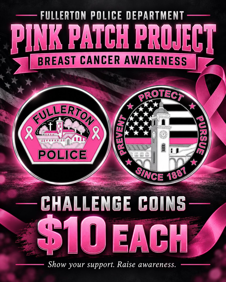 FPDPIO's tweet photo. 💗 Small coin. Meaningful cause.

October is Breast Cancer Awareness Month. Fullerton PD is going pink—and you can join us! 🎀 Our Pink Patch Project challenge coins are available for $10 each, while supplies last.

These coins are a way to show support for those facing breast cancer, honor survivors, and remember loved ones. Whether you’re a collector or simply want to support the cause, every purchase helps make a difference close to home.

Proceeds will be donated locally to the Kathryn T. McCarty Breast Center at Providence St. Jude.

Coins can be purchased through our Community Services Bureau during business hours. For purchase information, contact PSR Shahed Tabaza:

📞 714-738-3147
📧 Shahed.Tabaza@fullertonpd.org

Add a little pink to your collection and help us turn awareness into support for our community. 💗