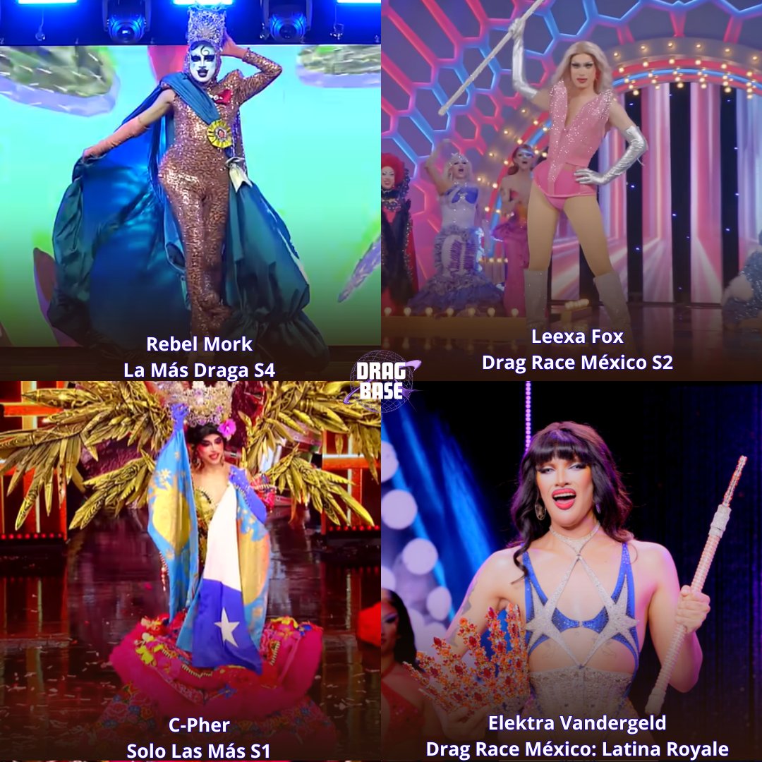 DragBasee's tweet photo. Fun fact: Rebel Mork, Leexa Fox, C-Pher, and Elektra Vandergeld all competed in the fourth season of La Más Draga, and now they are all winners. 👑🎉