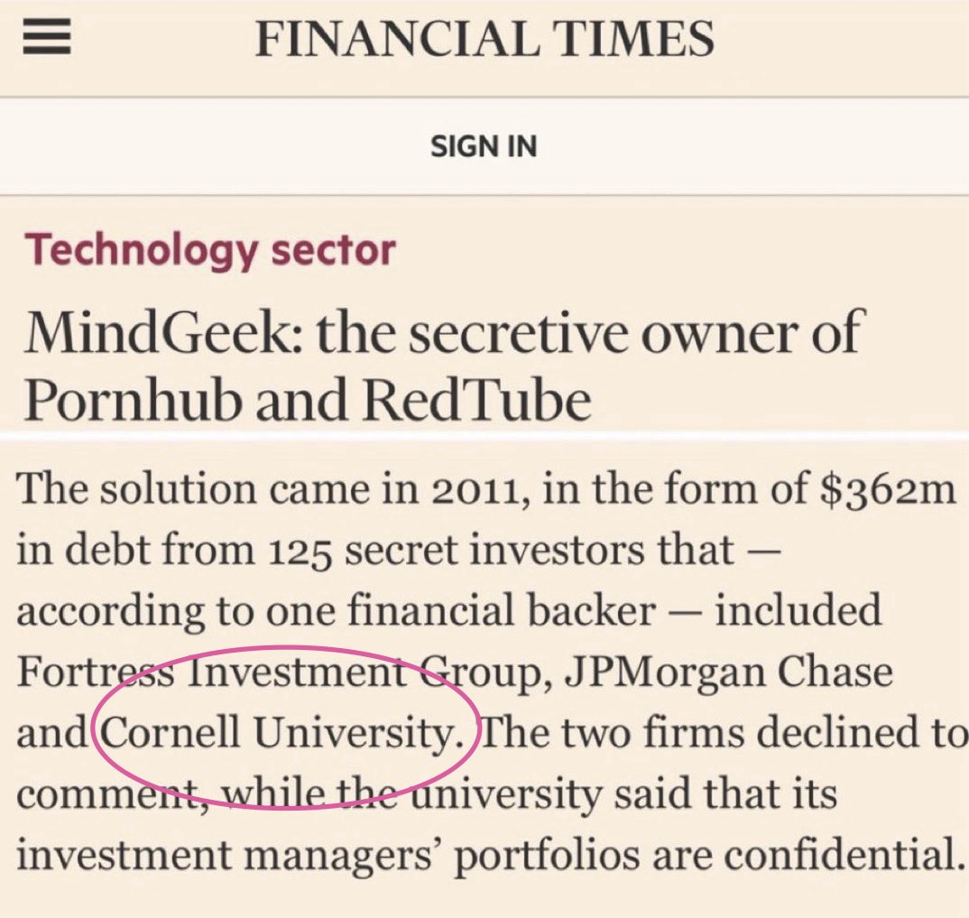 LailaMickelwait's tweet photo. Cornell University was also an early investor in the P*rnhub rape and trafficking crime scene. https://t.co/LGfSlDN7X8