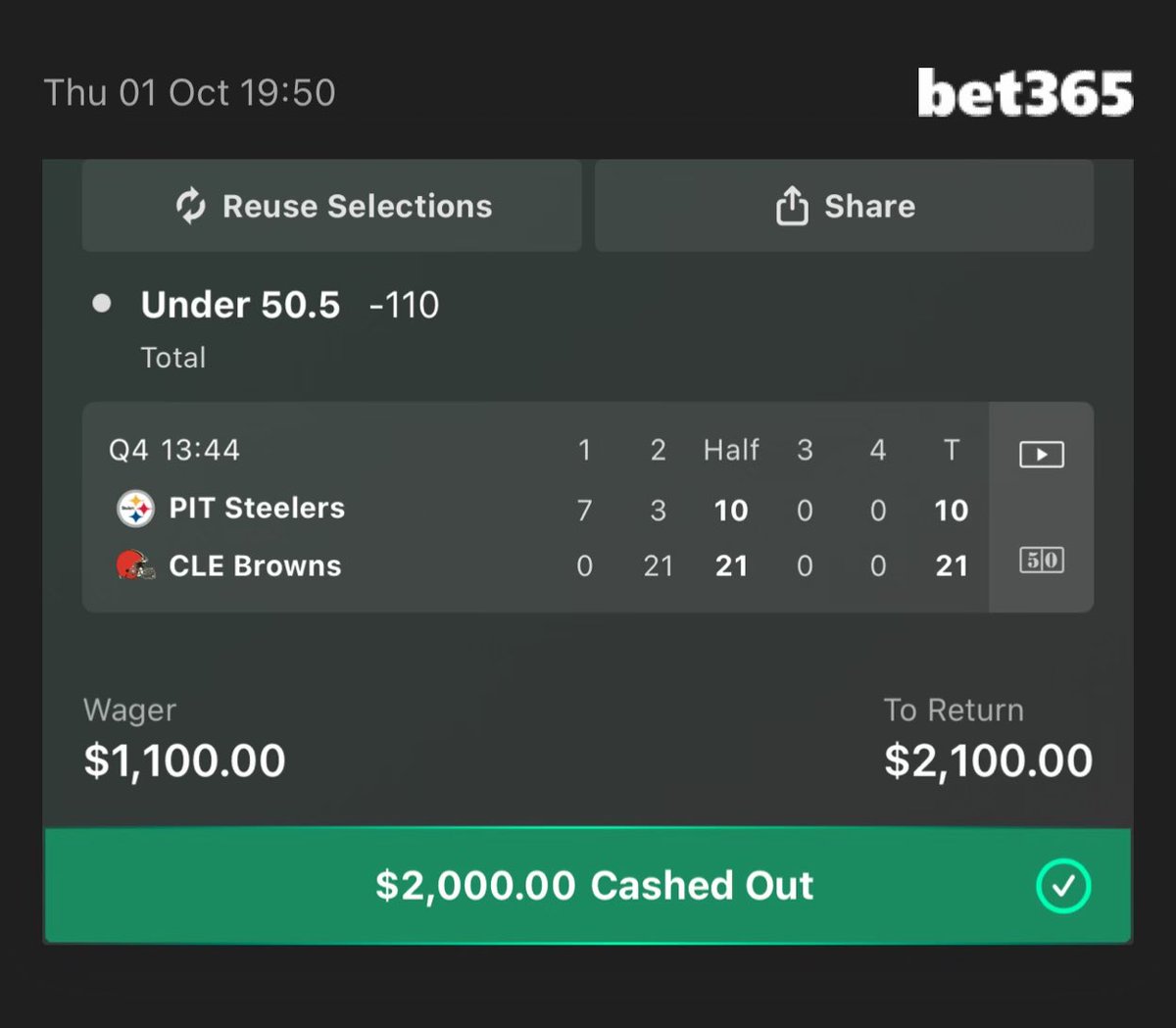 cheddbundy's tweet photo. THAT FIRST HALF WAS FAKE NEWS. 😂

31 points before halftime and everyone starts panicking and thinking Houston Deshaun Watson is back. Nah. 

It was always the under.

U50.5 ✅
+$900. https://t.co/F76wN00tll