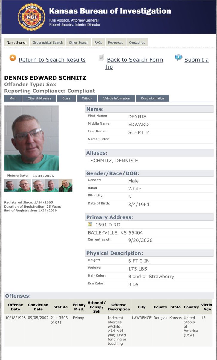 watchkeep's tweet photo. I’m ABSOLUTELY DISGUSTED at what I’ve just learned: Seneca Kansas Chamber featured a registered child sex offender, a former Kansas priest, Dennis Schmitz, on their Facebook page today. Dennis did prison time in the early 2000s. 

He now owns and operates a landscape company in Seneca. In the video he said he most importantly loves the high school and young people aged 14 and up who work with his company. Then he promotes the local Catholic Church. In 2024, The Kansas City Star did a story on new child sex abuse allegations against Dennis.