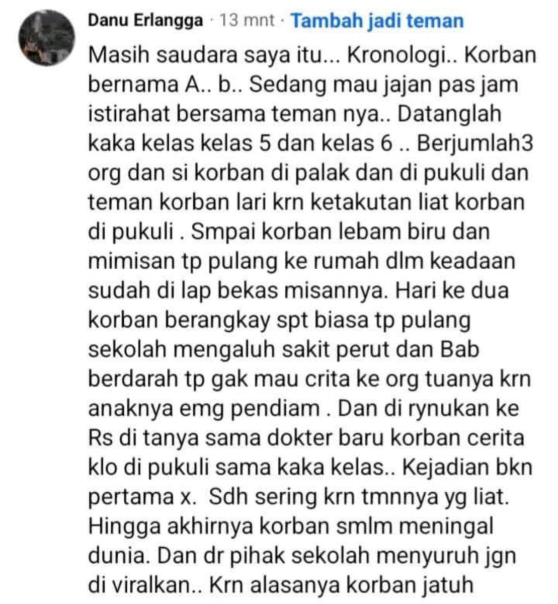 love_soul87's tweet photo. Umur segini harusnya masih sibuk mikirin besok main apa, bukan pulang sekolah dengan rasa takut.

Ada anak kelas 2 SD di Pemalang, Jawa Tengah yang meninggal dunia. Sebelumnya, keluarga mengungkap dugaan kekerasan (bullying) yang dialaminya di sekolah.

https://t.co/ukQx9VFXst

Kronologi👇🏻👇🏻

Semoga kasus ini benar-benar diusut sampai jelas. Jangan sampai ada yang terlewat, termasuk soal pengawasan dan tanggungjawab dari pihak sekolah.