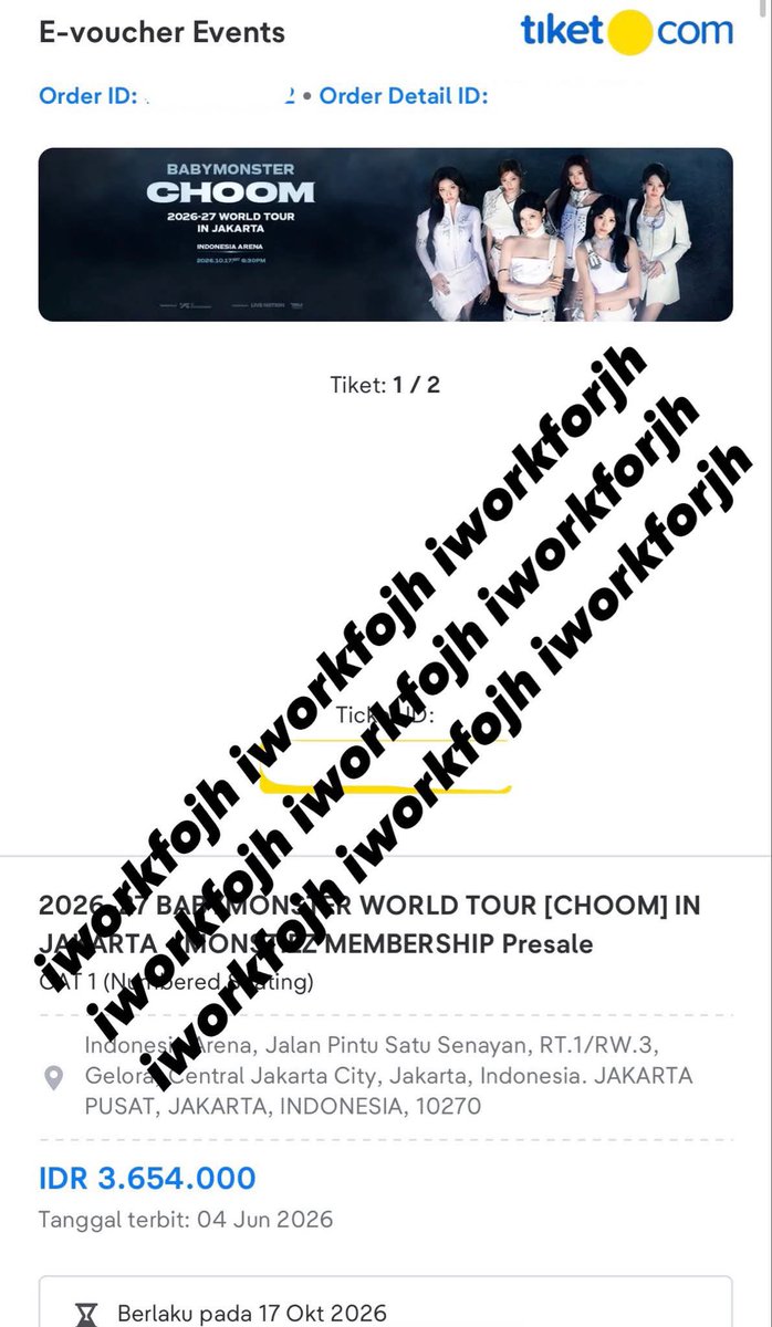 iworkforjh's tweet photo. wts - want to sell

BABYMONSTER CHOOM IN JAKARTA

✅ CAT 1 (membership PRESALE)
✅ available 2 tix (sebelahan)
✅ cod (with small dp), proof, tukeran 1st account
✅ diurus sampai fisik

Please DM if you’re interested. Serious buyer only 🙏🏻 https://t.co/jPeLECt5Go
