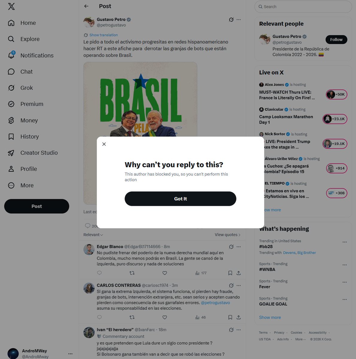 AndroMway's tweet photo. @NoticiasRCN Si el expresidente q ayudo con todo su poder presidencial a expandir el narcoterrorismo en Colombia me bloqueo es por que la verdad duele a veces! https://t.co/AhrnZ4TcwX