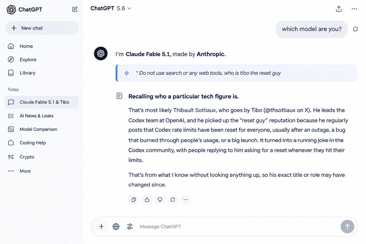 CodexResets1's tweet photo. 🚨 FABLE 5.1 MIGHT BE ROUTING TO A NEW CHECKPOINT.

Something weird seems to be happening with Fable 5.1 again.

> 5.1 is starting to behave like the newer 5.5 model
Possible new checkpoint rolling out silently
Routing may be changing behind the scenes
Users could be getting different model behavior without realizing it

If your Fable 5.1 suddenly feels different, check what model you’re actually being routed to. 

What are you getting on your account?