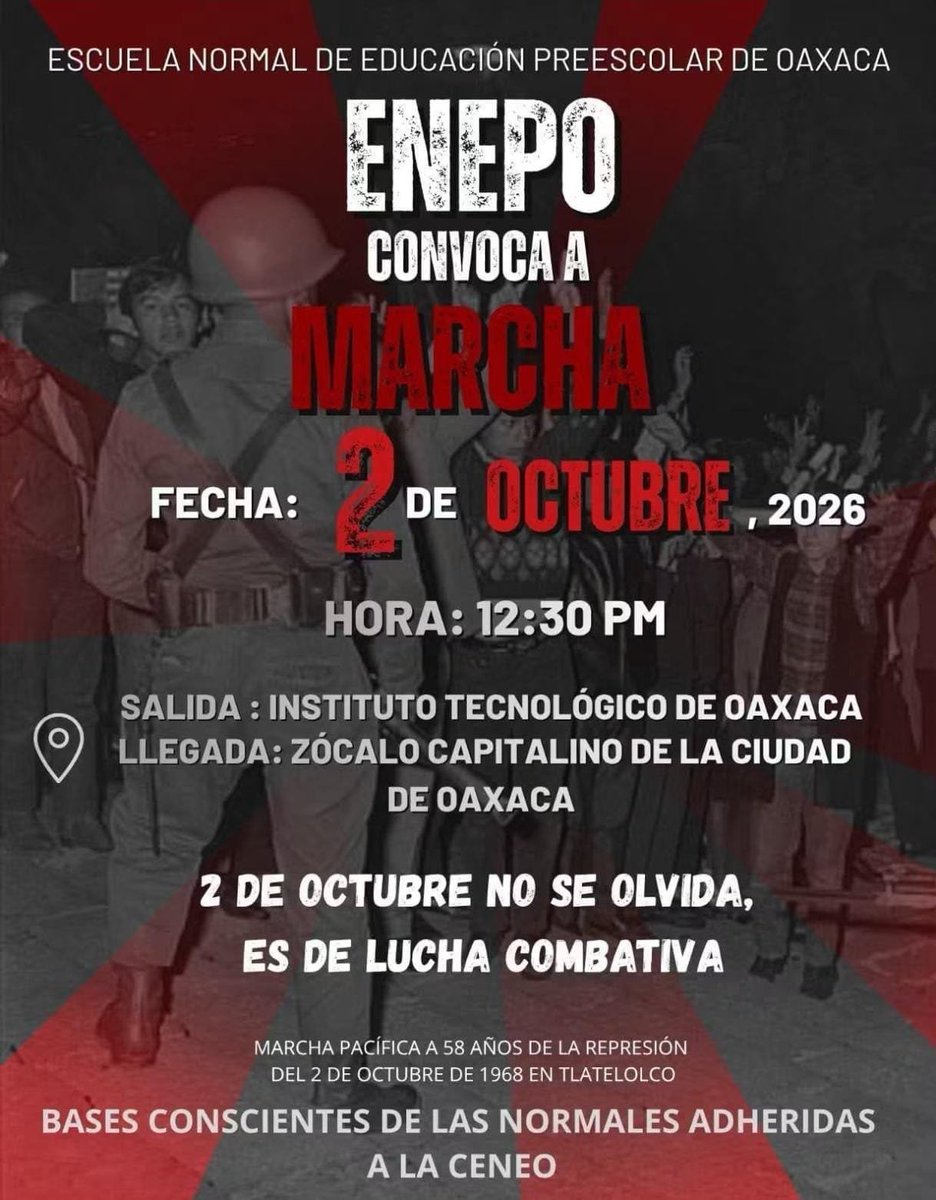 ContraProMx's tweet photo. 🚨🚨📢 Viernes 2 de octubre: confirman dos #marchas de normalistas y blindaje en Centro de #Oaxaca 🚨🚨📢
#ENEPO cita a las 12:30 en el ITO; y #CRENO a las 14:00 en la Fuente de las 8 Regiones
#Oaxaca.- Este viernes 2 de octubre, a 58 años de la masacre de #Tlatelolco, habrá movilizaciones en la capital oaxaqueña.
Confirmadas:
- ENEPO (Escuela Normal de Educación Preescolar): Convocatoria oficial. Cita 12:30 horas en el crucero del Instituto Tecnológico de Oaxaca (ITO), en Calzada Madero. Ruta: Madero, Independencia, Hidalgo hacia el Zócalo. Carácter pacífico bajo la consigna "2 de octubre no se olvida".
- CRENO (Centro Regional de Educación Normal de Oaxaca): 14:00 horas desde la Fuente de las Ocho Regiones al Zócalo.
Desde ayer, Palacio de Gobierno, Secretaría de Turismo, bancos y comercios de Calzada Madero, Porfirio Díaz y Juárez ya blindan fachadas con láminas galvanizadas y vallas metálicas ante posibles pintas. En 2025 las marchas culminaron solo con pintas, pero en 2024 hubo destrozos en Reforma.