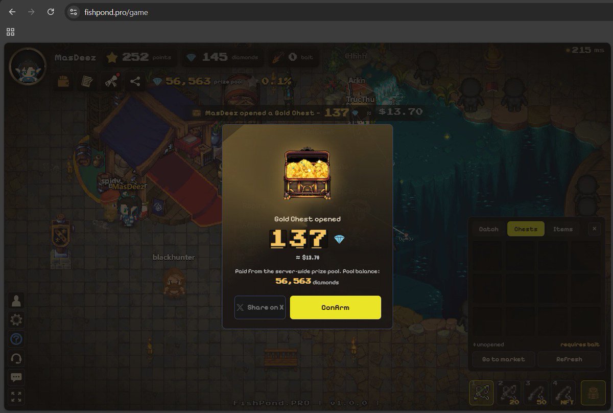 MingMei781's tweet photo. Just opened a Gold Chest on FishPond 🐟🎣
Got 137 diamonds ≈ $13.70 from the chest.
What I like about @fishpond_pro is that the rewards come from a server-wide prize pool, so every chest feels like there’s actually something on the line.
Still grinding and seeing how far I can push it 👀
If you want to try it yourself: https://t.co/8Jd2aNJAtM

#FishPond #Web3Gaming #CryptoGaming