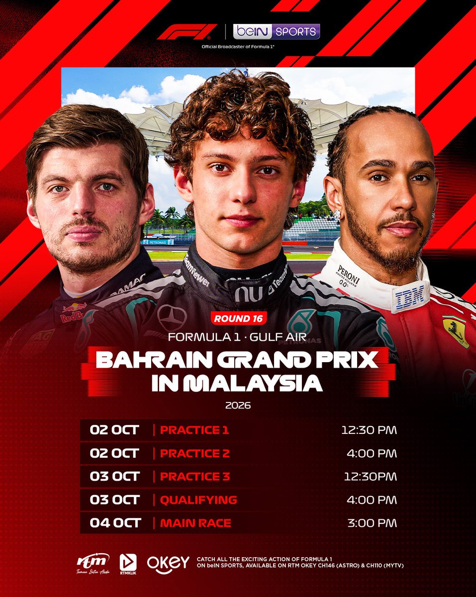 RTM_Malaysia's tweet photo. Aksi Formula 1 kini bersama RTM! 🏎️
Saksikan setiap detik aksi daripada sesi latihan, kelayakan hingga Main Race.

📅 2–4 Oktober 2026
🏁 Main Race: 4 Oktober | 3.00 petang
📺 TVOkey | RTMKLIK

Jangan lepaskan setiap pecutan! 🏁

#F1inMalaysia 
#F1RTM https://t.co/WBxBC8QT2s