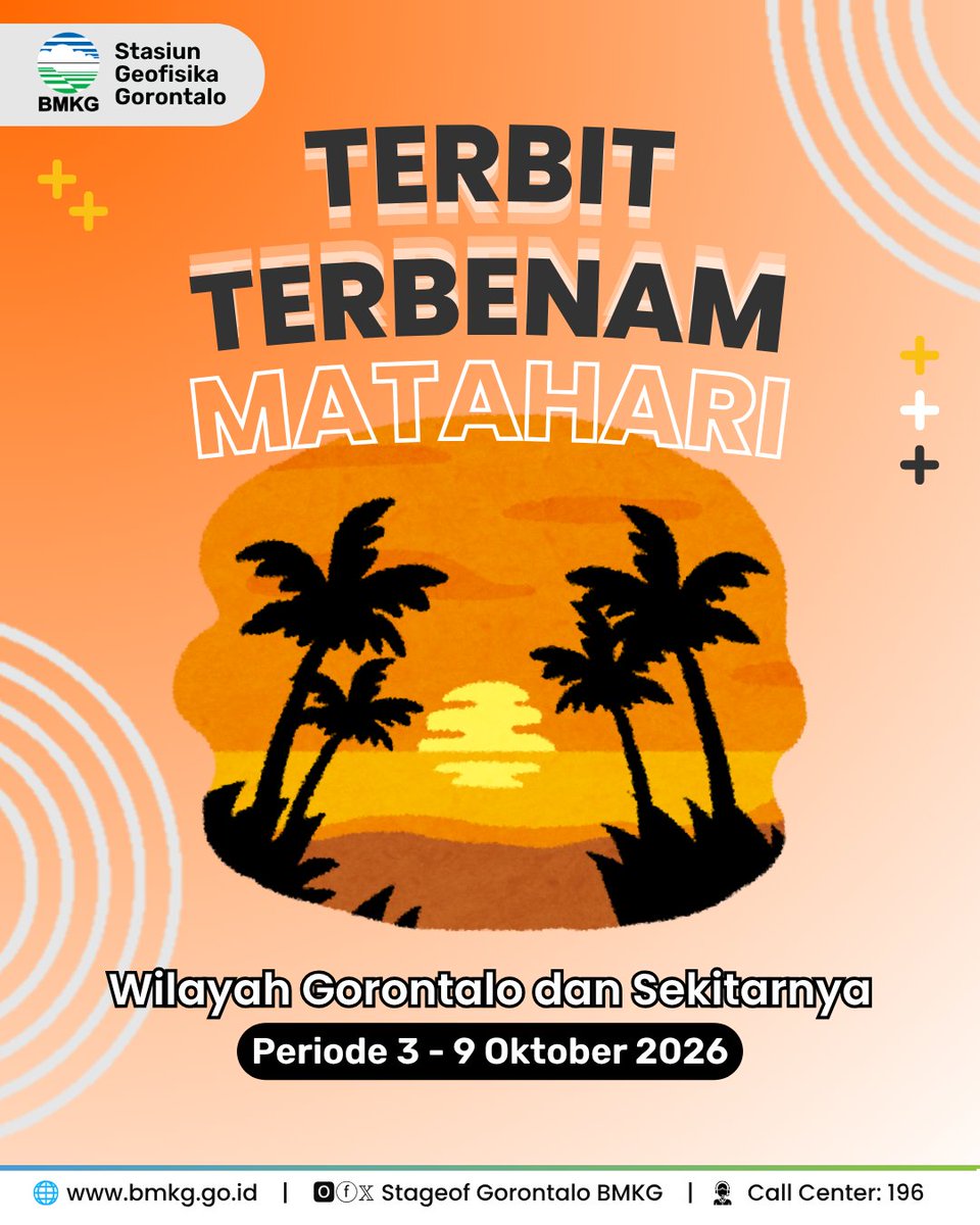 stageof_gto's tweet photo. Halo Sobat BMKG Gorontalo!

Yuk kita simak bersama informasi Terbit Terbenam Matahari Wilayah Gorontalo dan Sekitarnya Periode 3 - 9 Oktober 2026.

Pantau terus akun media sosial BMKG Gorontalo untuk informasi terkait bidang Geofisika!

Semoga bermanfaat.

Oduolo
Terima kasih https://t.co/PDasumkFYN