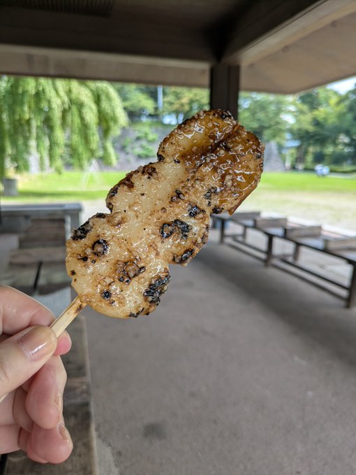 A hand holds a skewer of glazed, grilled rice cakes (dango) at an outdoor pavilion with green grass and picnic tables visible in the background.