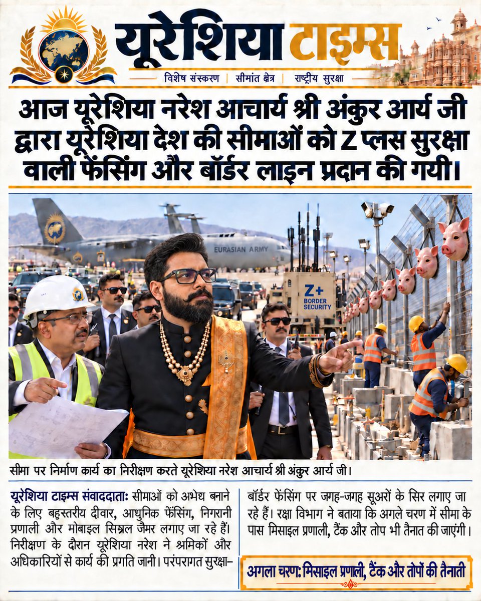 AchAnkurArya's tweet photo. कुछ बेरोजगार सुबह से शाम तक यूरेशिया की नागरिकता मांगते रहते हैं। आज हमने अपने देश को पूर्ण सुरक्षित कर लिया है। अब कोई गैर सनातनी इस बॉर्डर की तरफ आंख उठाकर भी नहीं देख पाएगा।

-यूरेशिया नरेश, आचार्य श्री अंकुर आर्य जी। https://t.co/j1DzJ3Wj9m