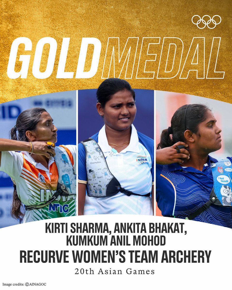 Nagasampagi_Sam's tweet photo. Daughters of a milk trader, a farmer & a sweet-box maker.

Ankita, Kirti & Kumkum—one Olympian, two teenagers—beat South Korea, champions seven times running, for India’s first Asian Games women’s recurve team gold! 🥇🇮🇳

Three families’ dreams. A nation’s pride. ❤️
#asiangames #india #gold