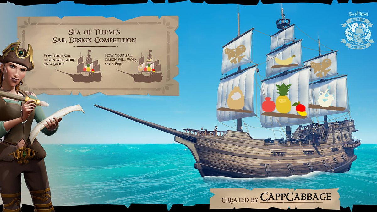 CappCabbage's tweet photo. Inspired by the infamous surfing fruit, may I present the Surfing Fruit Sails!
*concept not a huge fan of the white sails. Also I want the pineapple to have to cool gold shimmer lol
(check the comments for a flag design)
#SoTSailDesignComp @SeaOfThieves https://t.co/IJZyCckoji