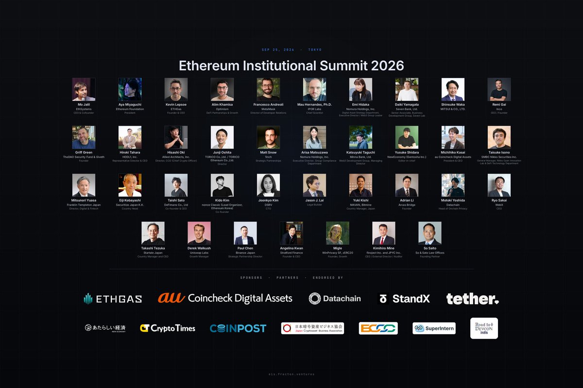 wecandaoit's tweet photo. [Press Release]

We are pleased to announce the successful conclusion of the "Ethereum Institutional Summit 2026," a conference for institutional investors held on September 25.

Across nine sessions, 37 distinguished speakers engaged in in-depth discussions on stablecoins, RWA, treasuries, DeFi, and regulatory frameworks.

We would like to extend our deepest gratitude to our sponsors, partners, speakers, and all those who joined us for this event.

#EIS2026