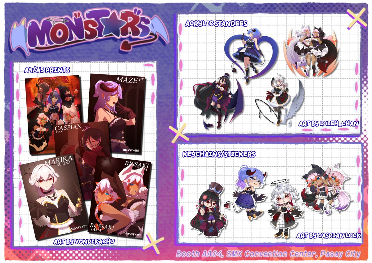 maze_vt's tweet photo. MONST☆ R CATALOGUE

A bit late but here is our available merch for COSMANIA this will only be limited so get yours now before it goes poof

Booth:AA04
October 2-4, 2026

#COSPLAYMANIA2026 https://t.co/IuuLmsOytA