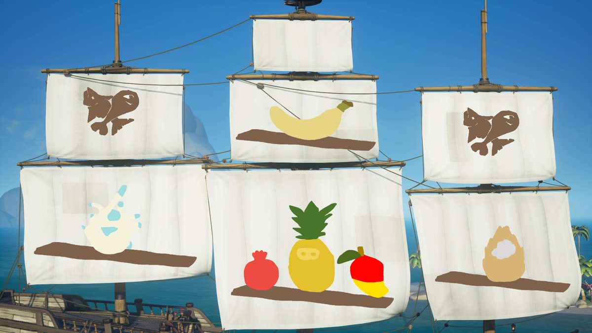 CappCabbage's tweet photo. Inspired by the infamous surfing fruit, may I present the Surfing Fruit Sails!
*concept not a huge fan of the white sails. Also I want the pineapple to have to cool gold shimmer lol
(check the comments for a flag design)
#SoTSailDesignComp @SeaOfThieves https://t.co/IJZyCckoji