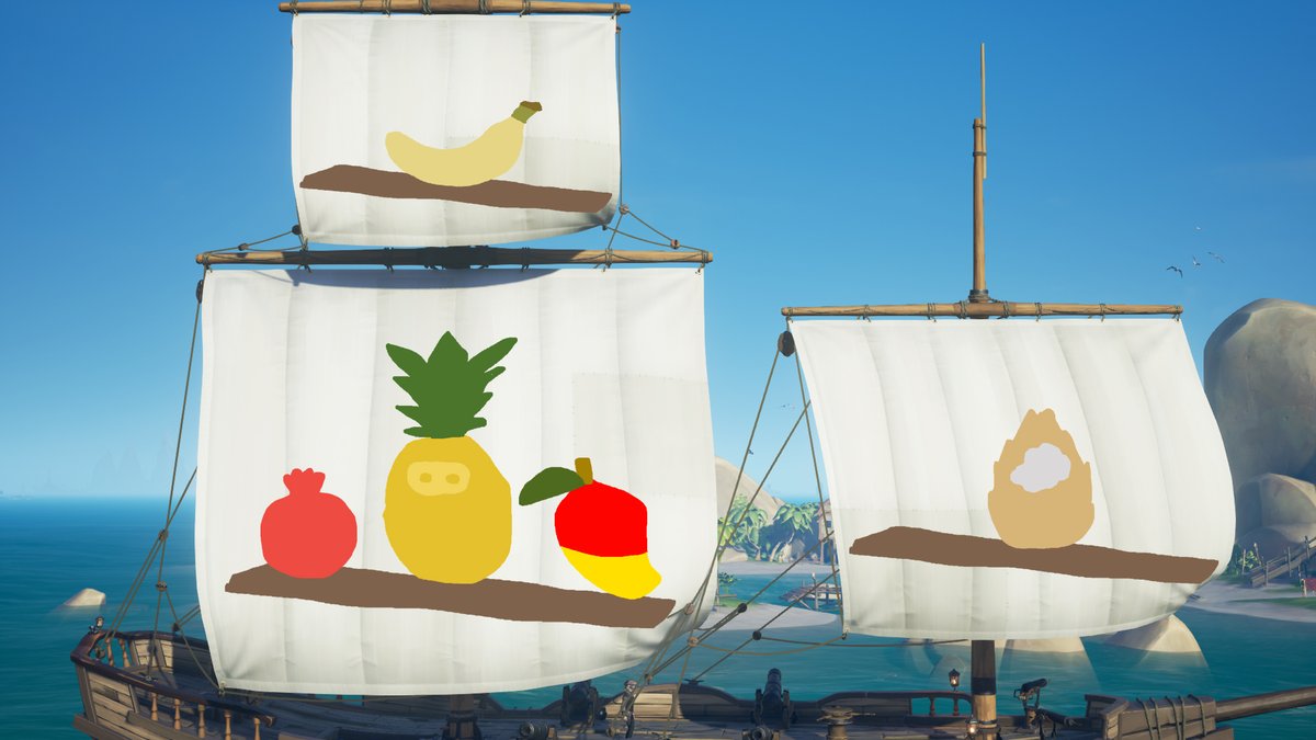CappCabbage's tweet photo. Inspired by the infamous surfing fruit, may I present the Surfing Fruit Sails!
*concept not a huge fan of the white sails. Also I want the pineapple to have to cool gold shimmer lol
(check the comments for a flag design)
#SoTSailDesignComp @SeaOfThieves https://t.co/IJZyCckoji