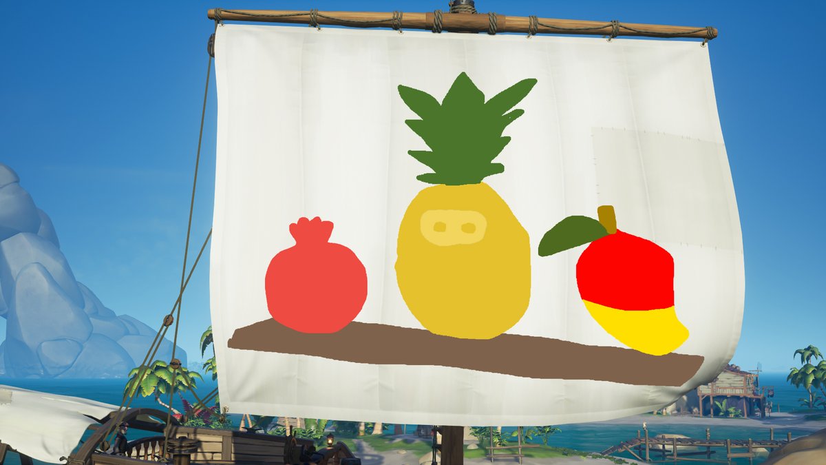 CappCabbage's tweet photo. Inspired by the infamous surfing fruit, may I present the Surfing Fruit Sails!
*concept not a huge fan of the white sails. Also I want the pineapple to have to cool gold shimmer lol
(check the comments for a flag design)
#SoTSailDesignComp @SeaOfThieves https://t.co/IJZyCckoji