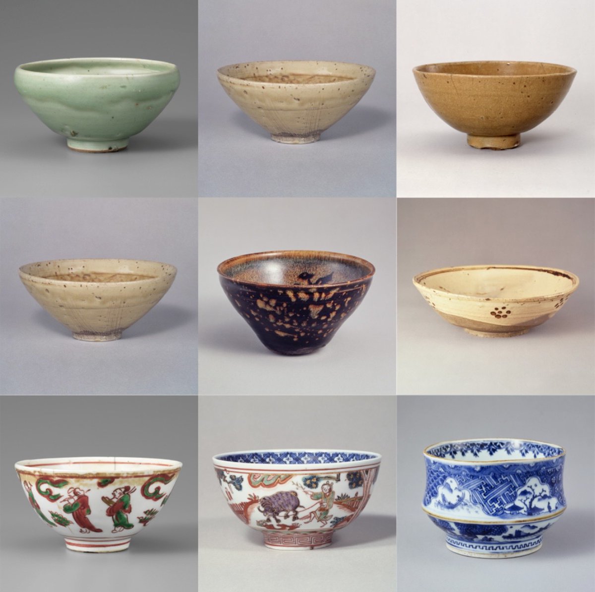 mitsui_m_museum's tweet photo. ◆◆◆
「唐物茶碗」ー唐物に見出された、わびの美。

本展は全6章で構成され、第1章では「唐物茶碗（からものちゃわん）」が紹介されています。

中国から伝来し、日本の茶の湯で長らく重宝されてきた唐物茶碗。足利将軍家の東山御物に見られる「大名物」の天目茶碗などがその頂点とされました。
一方、室町時代中期に村田珠光（むらたしゅこう）（1423～1502）が創始した「わび茶」では、それまで評価の低かった唐物の中からも、静かで��びた趣のものが新たに見出されました。そのひとつが、「珠光青磁茶碗 銘波瀾」です。本阿弥家伝来のこちらの碗には、表千家九代・了々斎により「波瀾（はらん）」の銘が付けられました。

多くの唐物が伝わるなか、わび茶の精神にかなうものとして選ばれた名碗の美を、ぜひ会場でご覧ください。

1枚目
（上段左から）
青磁鉢の子茶碗　見込「福」の字　明時代・16～17世紀　
珠光青磁茶碗　銘波瀾　南宋～元時代・12～14世紀 
青磁人形手茶碗　明時代・15～16世紀

（中段左から）
珠光青磁茶碗　南宋～元時代・12～14世紀
重要文化財 中興名物　玳皮盞　(鸞天目)　南宋時代・12～13世紀
絵高麗茶碗　明時代・16～17世紀

（下段左から）
古赤絵八仙人茶碗　伝佐久間不干斎所持　明時代・15～16世紀
淀屋金襴手茶碗　明時代・16世紀
祥瑞洲浜茶碗　明時代・17世紀

2枚目
珠光青磁茶碗　銘波瀾　南宋～元時代・12～14世紀 
 -
「館蔵の茶碗100撰 ―国宝から手造茶碗まで―」
2026年11月23日（月・祝）まで開催中
開館時間：10:00〜17:00（入館は16:30まで）
休館日：月曜日（但し10月12日、11月2日・23日は開館）、10月13日（火）
📌会期中の展示替えはありません。
🎧音声ガイドでわかりやすく解説いたします。（日本語のみ、貸出料 800円）
https://t.co/aD5sWAgaoc

#三井記念美術館 #MitsuiMemorialMuseum
#館蔵の茶碗100撰
