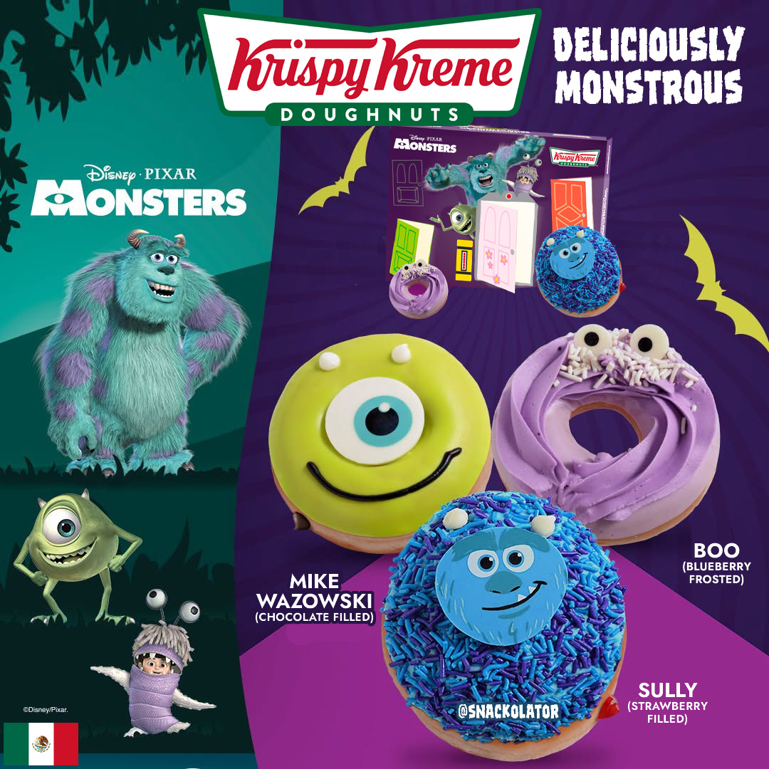 snackolator's tweet photo. How adorable are these?! Krispy Kreme dropped a MONSTERS INC doughnut collection in Mexico with three 'monstrous' flavors!

You can get Mike Wazowski that's filled with chocolate, Sully that's filled with strawberry and topped with color sprinkles, and Boo that is topped with blueberry frosting.

Now the bad news is that these are not likely to come to the US because we're getting a different Halloween collab... but you never know in the future.

Would you want to get the Monsters Inc donut collab from Krispy Kreme?

#krispykreme #donuts #doughnuts #monstersinc #donut
